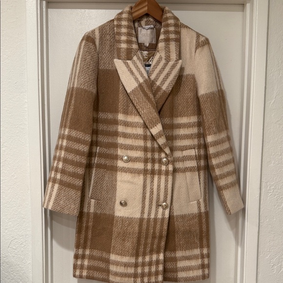 Guess Beige Cream Wool Plaid Double-Breasted Coat Sz XS - Picture 2 of 11